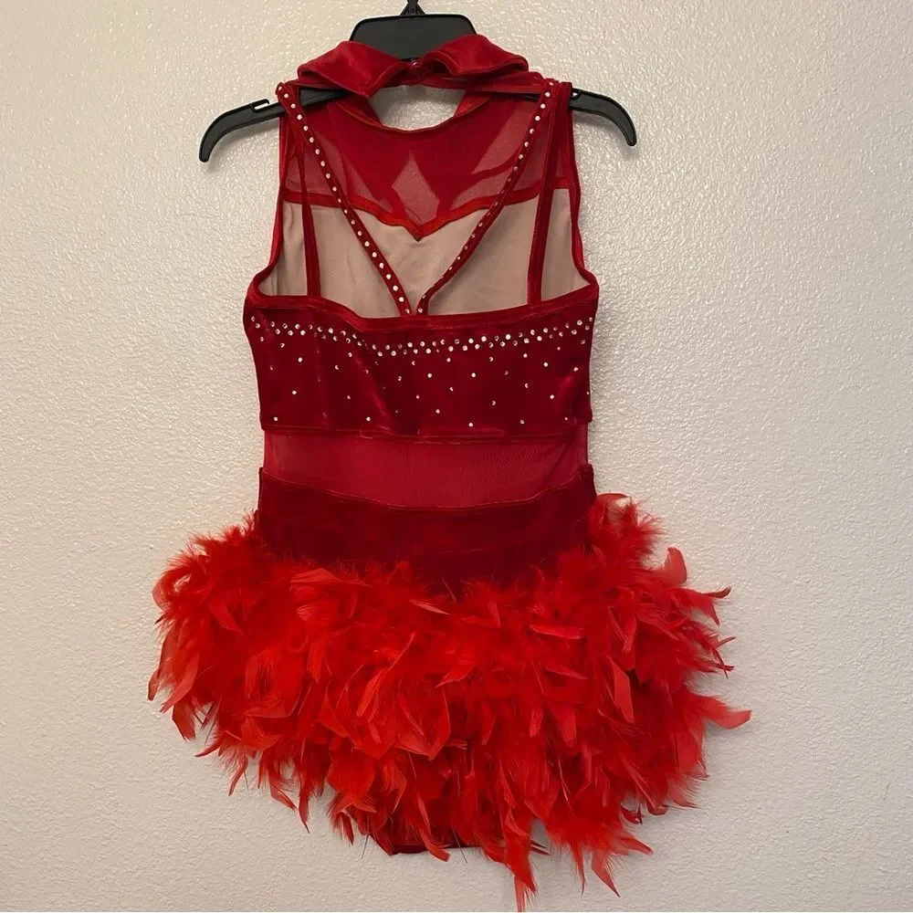 WEISSMAN solo Dance Costume red Crystal feather Leotard stoned velvet 15752 MA